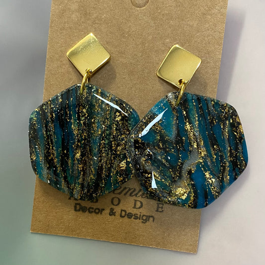 Dark Marbled Soft Hexagon Drop Earrings