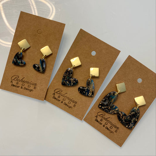 Dark Blue Hearts - Marbled Gold Drop Earrings