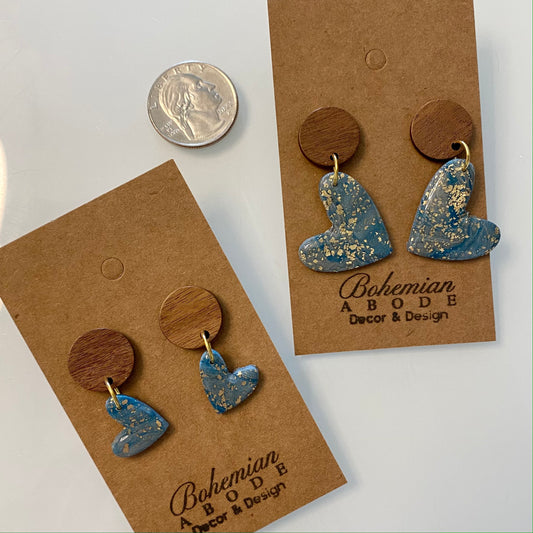 Blue Sparkling Hearts - Golden Heart Drop Earrings