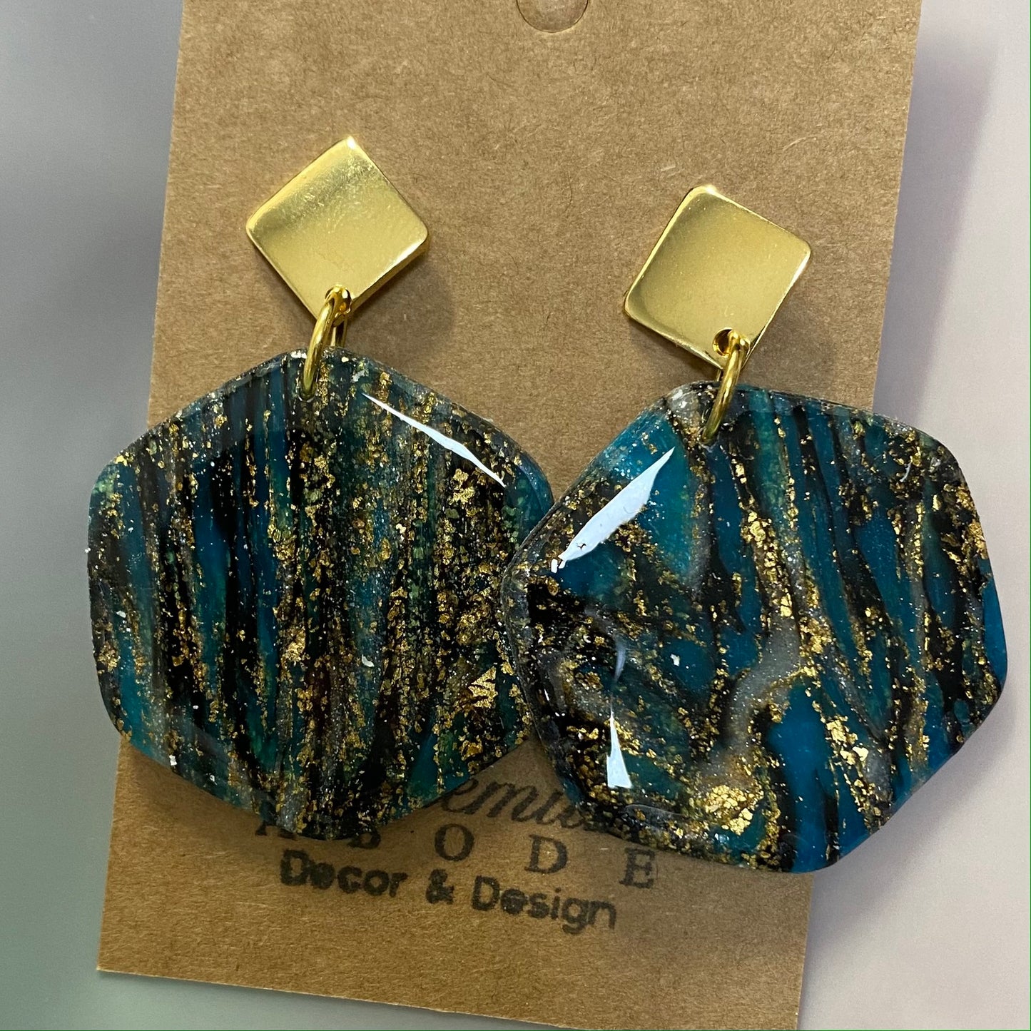 Dark Marbled Soft Hexagon Drop Earrings