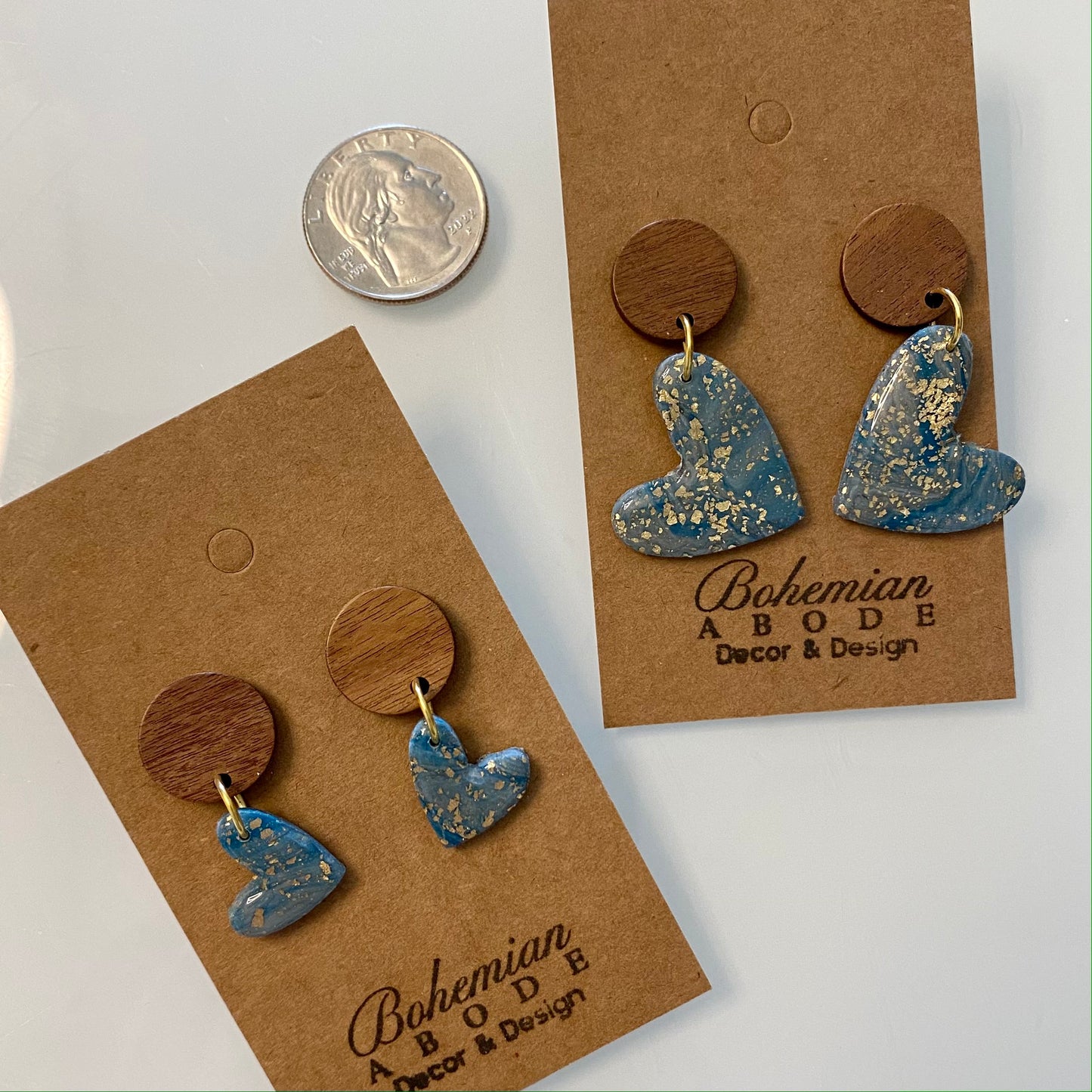 Blue Sparkling Hearts - Golden Heart Drop Earrings